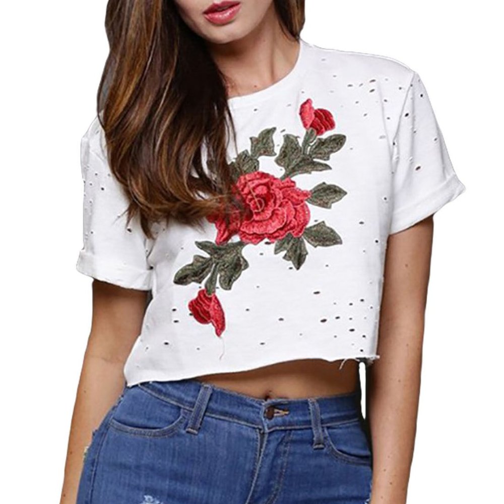 White Crop Top Cotton Large Embroidered Rose Applique Distressed TP4047